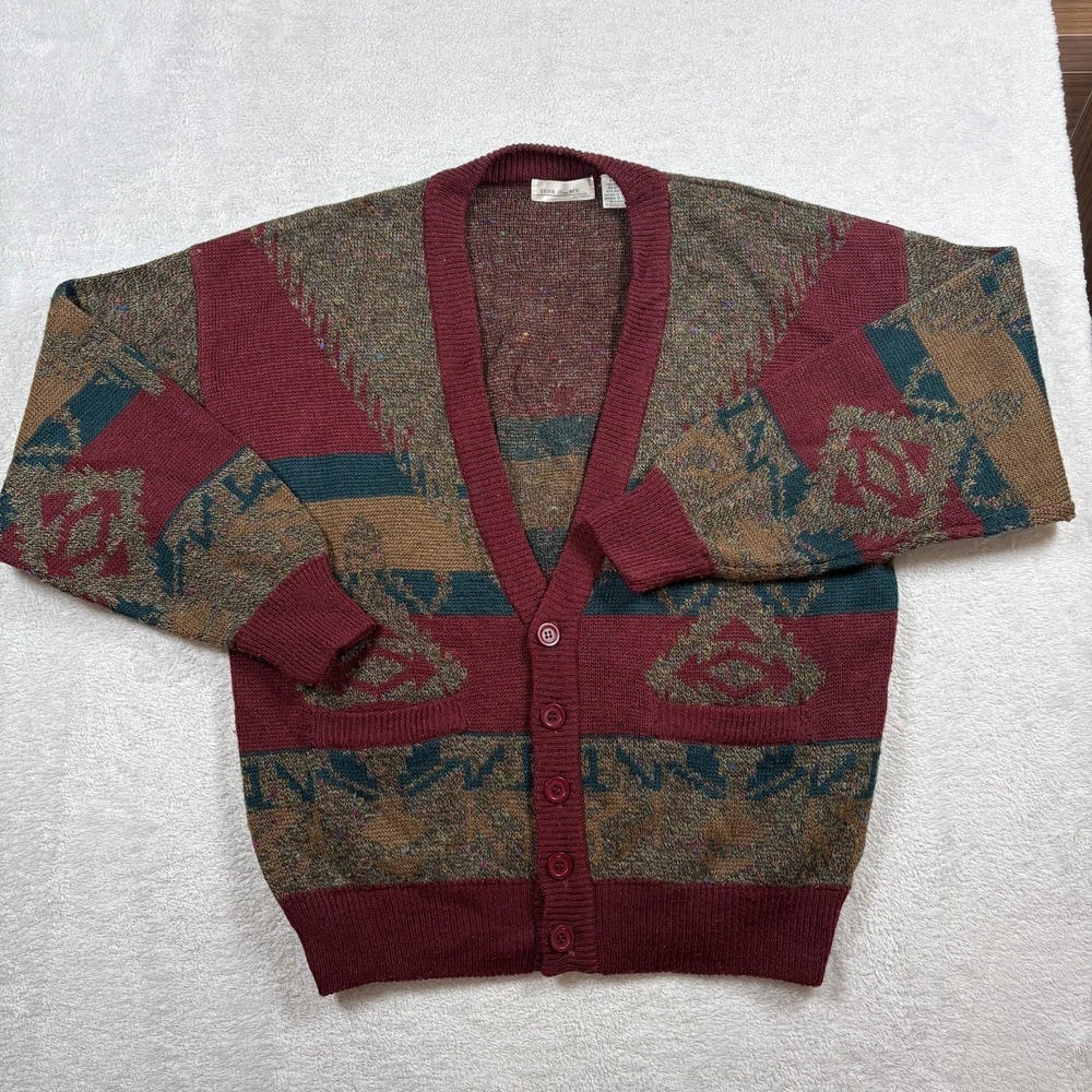 Vintage 90s Brian MacNeil Knitwear Cardigan Sweater Men Large Maroon Aztec Print